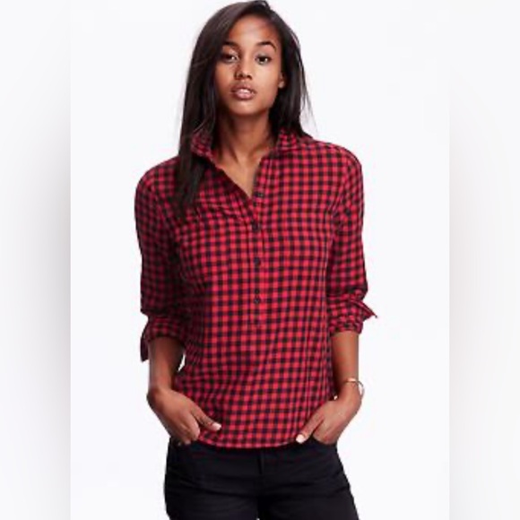 Philosophy Tops - Philosophy Red and Black Plaid Button Up Adjustable Sleeves Size Small